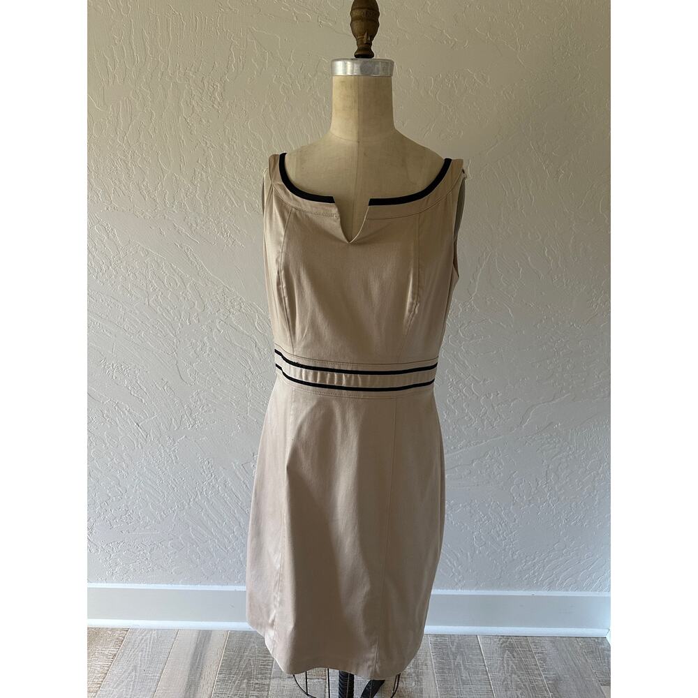 White House Black Market Khaki Split-Neck Sheath Dress with Black Trim - Picture 12 of 13